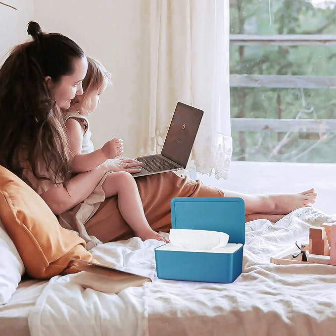 Diaper Wipes Dispenser Wipes Holder, Wipes Tissue Case Keeps Wipes Fresh Tissue Wipes Container with Lid (Blue)