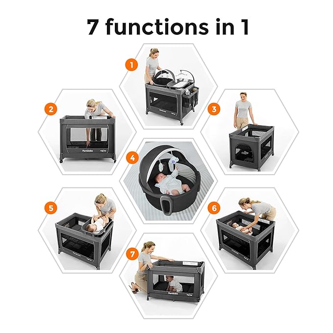 Pamo Babe 1-Second Setup 5-in-1 Playard for Babies - Heavy-Duty Steel Frame for Safe Sleep Space, Portable Crib with Zip Door & Changing Table, Locking Wheels, Breathable Mesh