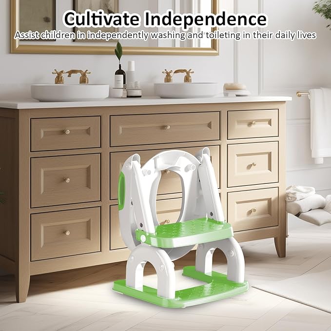 DEEKI Potty Training Seat Upgrade 2 in 1 Toddler Training Toilet Chair Potty Seat with Step Stool Ladder for Baby Kids Boys Girls(Green)