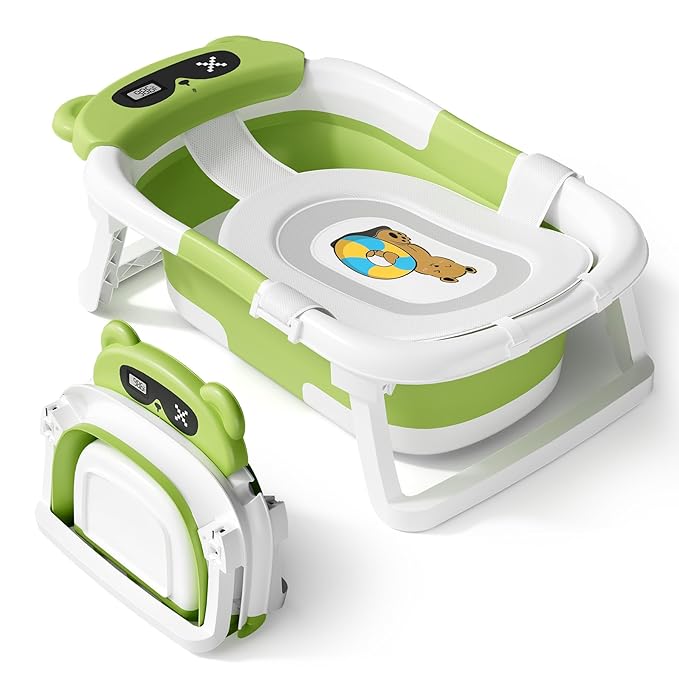 AVIDOR Baby Bathtub,Collapsible Bathtub for Newborn to Toddler,Durable Essential Infant Bath Tub,Portable Travel Baby Tub with Soft Cushion,No-Slip Hanging and Detachable(Green)