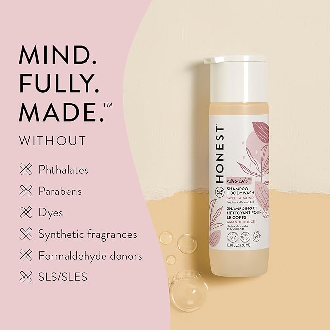 The Honest Company 2-in-1 Cleansing Shampoo Body Wash Gentle for Baby Naturally Derived Tear-free Hypoallergenic Sweet Almond Nourish 10 fl oz