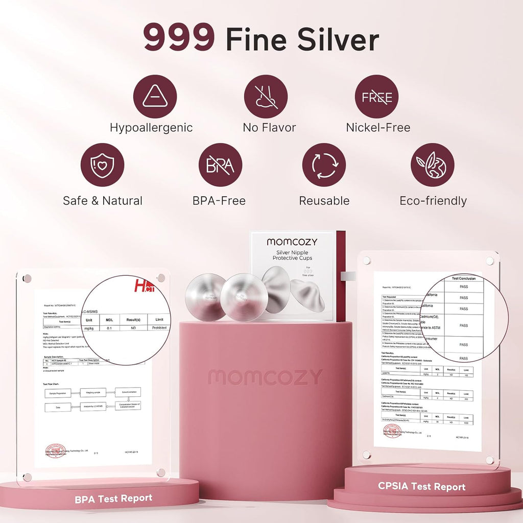 Momcozy 999 Silver Nursing Cups, Hole-Free Design, 999 Silver Nipple Shields, Breastfeeding Essentials, Silver Nipple Shields for Breastfeeding Newborns, Metal Nipple Shields, Regular Size