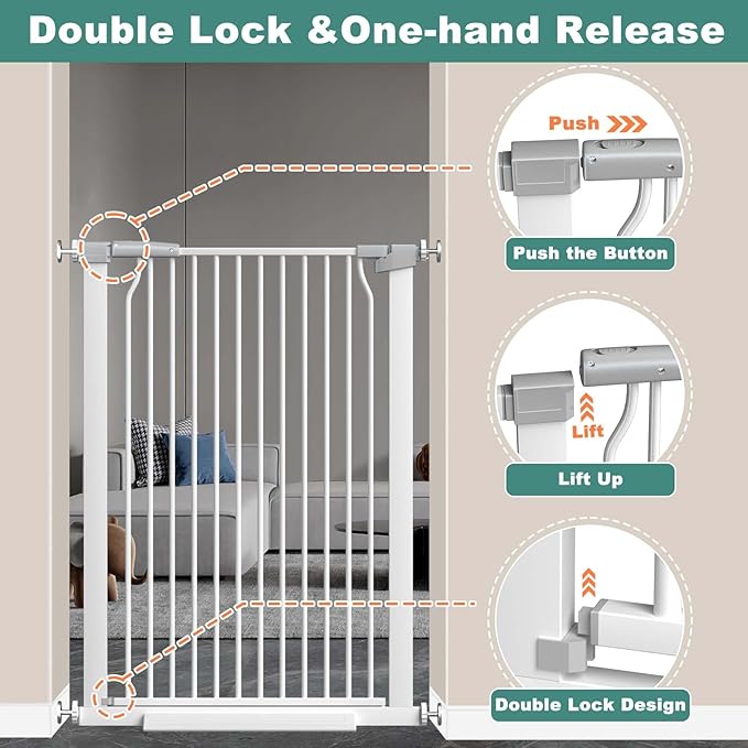 40.5" Extra Tall Baby Gate No Drill, 63"-65.7" Extra Wide Dog Pet Gate Indoor, Long Safety Child Gate, Metal Tension Auto Close No Climb Fence Pet Gate for Stairs Doorway, White