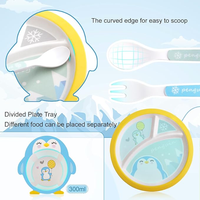 Kids Feeding Set 5 Pcs, Tableware Set for Toddlers Includes Plate Bowl Cup Fork and Spoon Utensil Flatware, Kids Flatware Set Dishwasher Safe, BPA Free (Penguin)