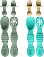 8pc Silicone Baby Spoons & Forks Set – Self Feeding Baby Utensils 6-12 Months – BPA Free, Dishwasher Safe – Toddler Cutlery (Turquoise/Pickle & Green/Yellow)