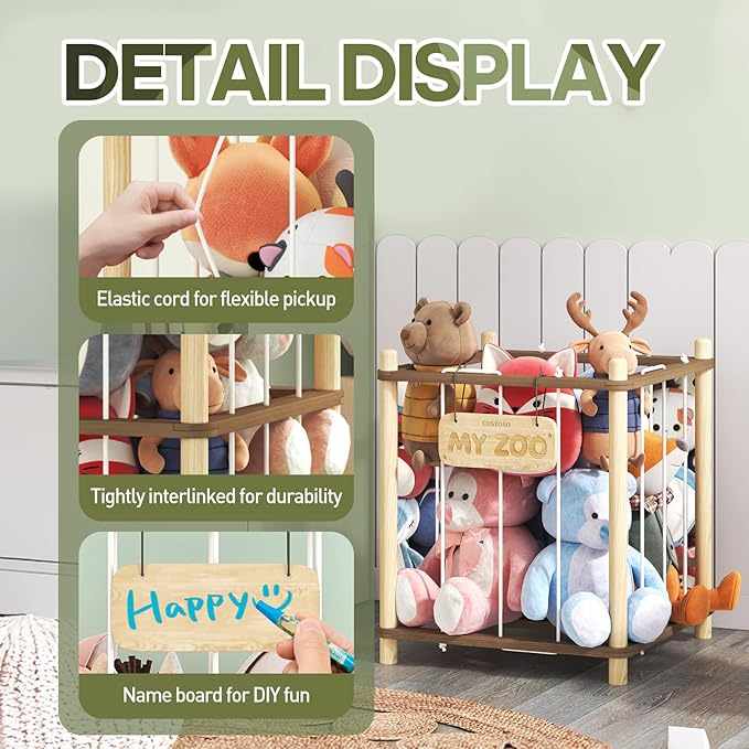 Stuffed Animal Storage, Two-Tone Wood Toy Storage, Space Save Zoo Toy Organizer, Large Capacity Stuffed Animal Holder for Toddler, WJJ-DC (Small)