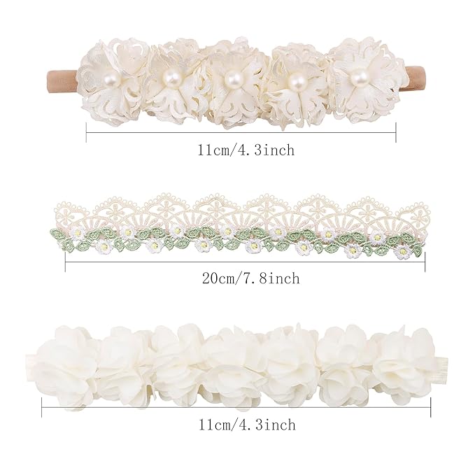 Baby Girl Nylon Headbands Flower Hair Bows Accessories-Elastic Hair Band Crown Handmade FLoral Wraps Birthday Gifts for Girls Newborn Infant Toddler 3Pcs