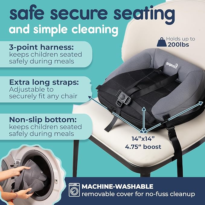 Hiccapop NeoBoost Inflatable Toddler Booster Seat for Dining Table – Portable, Quick-Inflate Design – Anti-Slip Base, Secure Straps, Easy-Clean – Perfect for Home & Travel, Black/Gray