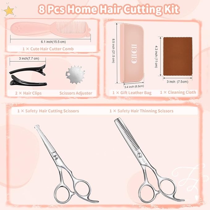 CIICII Kids Hair Cutting Scissors Shears Kit, Safety Round Tip Barber Haircut Scissors Set (Hair Trimming Hairdressing Haircutting Thinning Shears) for Baby Toddler Children, Hairdresser Home Salon
