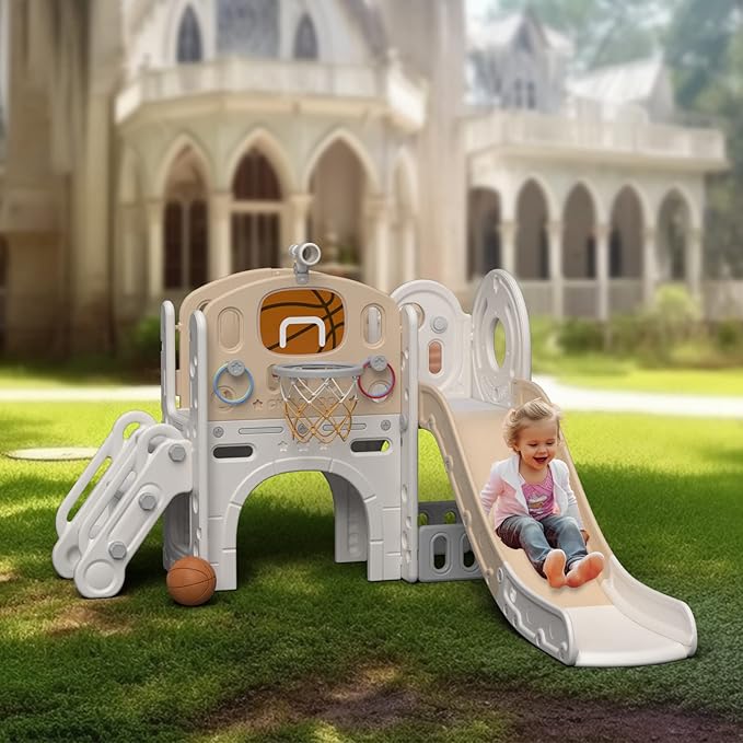 YUFU 9 in 1 Toddler Slide Set, Kids Slide for Toddlers Age 1-3, Toddler Playset with Basketball Hoop and Ball, Outdoor Indoor Playground for Toddlers 1-3 (Beige+Coffee)