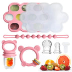 Baby Fruit Food Feeder & Breastmilk Popsicle Molds for Teething Relief, Baby Feeding Sets, 1 Freezer Tray with Lid & 1 Teether Toy & 1 Silicone Teething Pacifier Feeder, Extra Food Pouches (Pink)