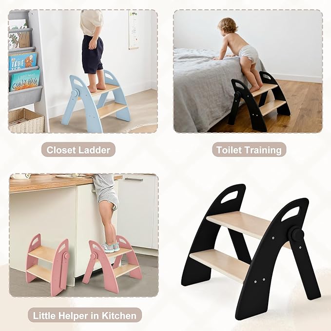 Wooden 2 Step Stool for Kids Bathroom Sink Foldable Anti-Slip 2-Step for Toilet Potty Training, Child Stepping Stool for Kitchen Nursery Bedroom, Sturdy Non Slip Adult Stool for Closet Black