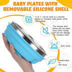Nuogo 2 Pcs Stainless Steel Baby Suction Plates with Removable Silicone Shell 2-in-1 Metal Toddler Bowl Divided for Picky Eaters Kids Feeding Led Weaning Supplies, Dishwasher Safe (Yellow,Blue)