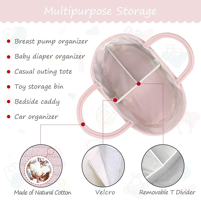 COMSE Large Baby Diaper Caddy Organizer for Girl Boy, Car Caddy with Handles, Cotton Rope Basket for Changing Table, Nursery Organizer, Gift for Baby Shower and Registry Must Have, Light pink