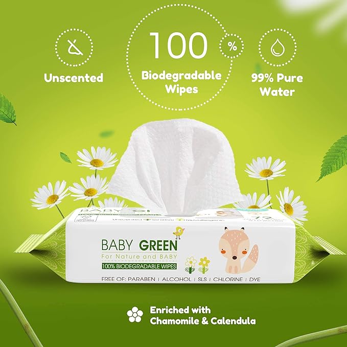 Yugi Green Baby Wipes for Babies Unscented, Compostable, Biodegradable, Plant-Based, Fragrance-Free, for Sensitive Skin, 12 Packs,72 Count,864 wipes