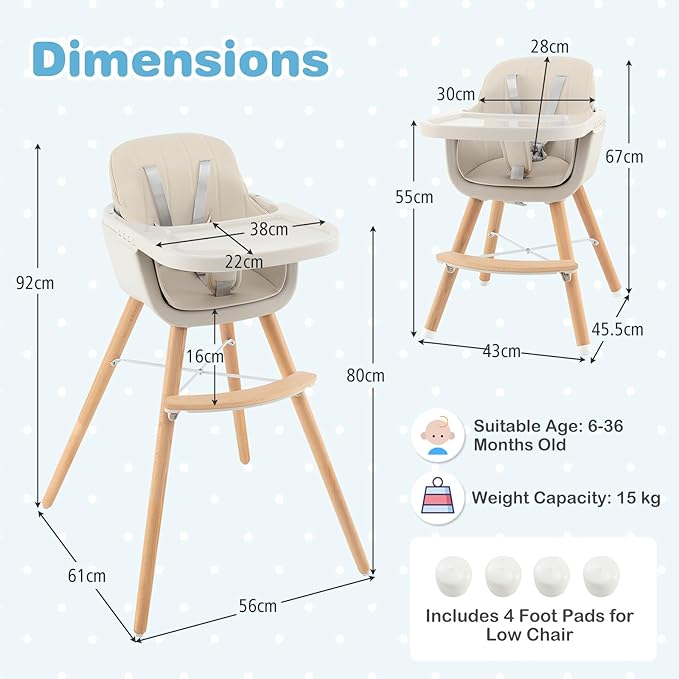 HONEY JOY High Chair, 3-in-1 Eat & Grow Wooden Highchair/Booster Seat/Toddler Chair with Removable Tray, 5-Point Harness, PU Cushion and Footrest for Baby, High Chair for Babies and Toddlers(Beige)
