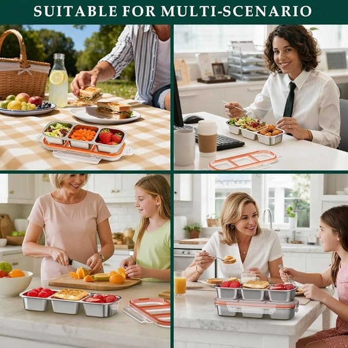 QCQHDU Snack Containers, Reusable Stainless Steel 3 Compartment Condiment Metal Bento Lunch Box with Lids, Divided Snack Food Storage Lunchable Containers for Home, Work, Travel, Camping, 3 Pack