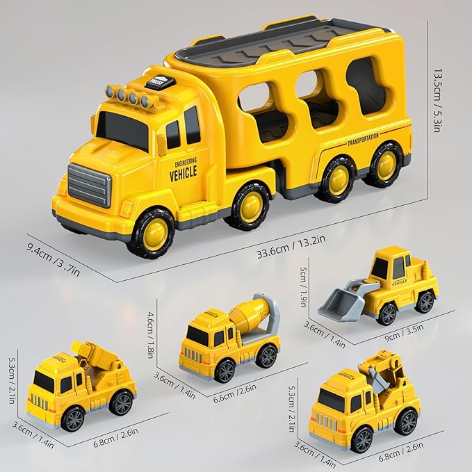 5 in 1 Construction Trucks Cars Toys for Toddlers 3-5, Boy Toddler Car Truck Toys with Light Sound, Includes Crane, Mixer, Bulldozer & Excavator, Birthday Gifts Toys for 2 3 4 5 Year Old
