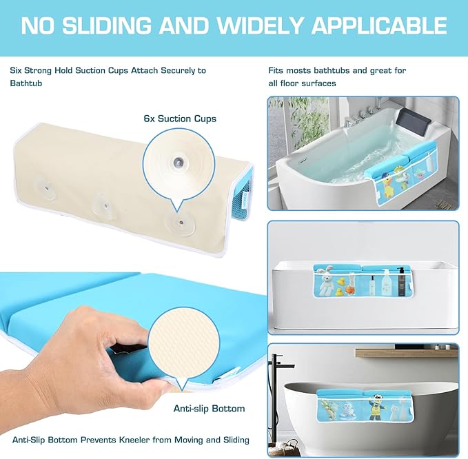 Bath Kneeler and Elbow Rest Pad, Thick Quick Dry Kneeling Mat, Large Bathtub Pad with Toy Organizer for Baby Bathing (Blue)