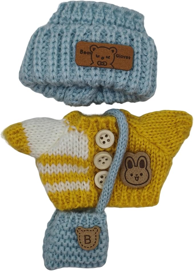 Handmade Crochet Doll Clothes ,Compatible with 5.91-6.7inch (15-17cm) Dolls as Accessories , Adorably Stylish Set for Dolls, Cute Doll Outfit with Accessories ( Yellow Sweater + Blue Hat +Blue Bag)