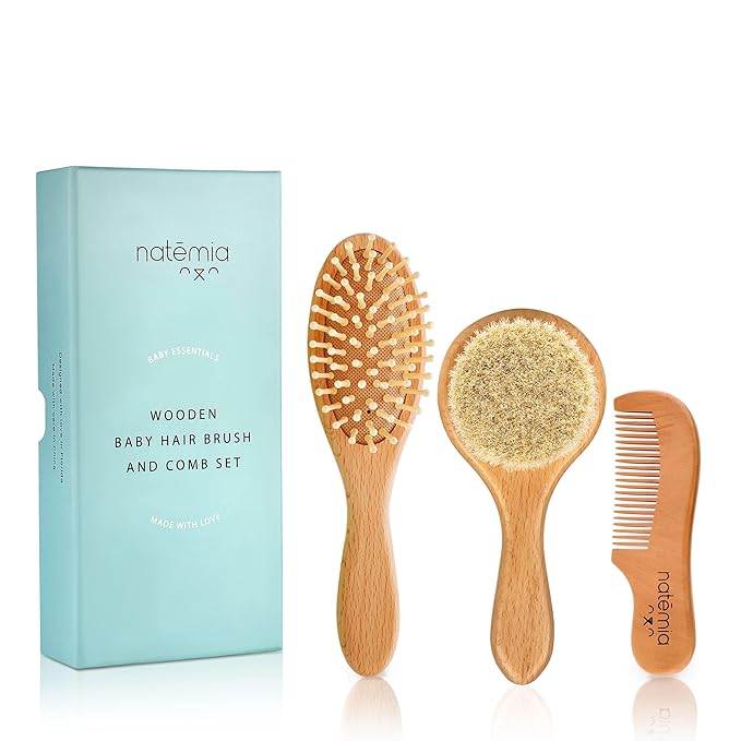 Natemia Baby Hair Brush and Comb Set - Wooden Soft Bristle Brush, Cradle Cap Brush for Newborns and Toddlers