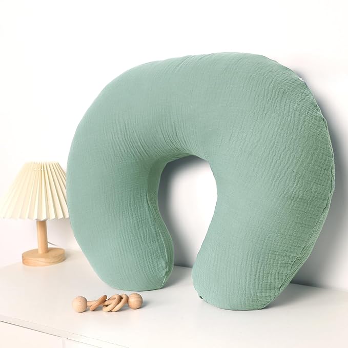 Hooyax Muslin Nursing Pillow Covers 2 Pack, Soft and Breathable Nursing Covers for Breastfeeding Pillows, Adorable Infant Feeding Pillow slipcover for Baby Boy and Girls (Green Gray)