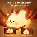 Big Face Rabbit Night Light, Adorable LED Bunny Night Lamp, Silicone Dimmable Nursery Nightlight for Girls, Silicone Rechargeable Bedside Touch Night Lights for Easter Decor