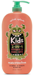 Splish Splash Kids 2-in-1 Body Wash & Bubble Bath | Tear-Free, Paraben-Free & Dye-Free | Gentle Suds for All Skin Types – Fun Bath Time for Kids – Watermelon 32 Fl Oz