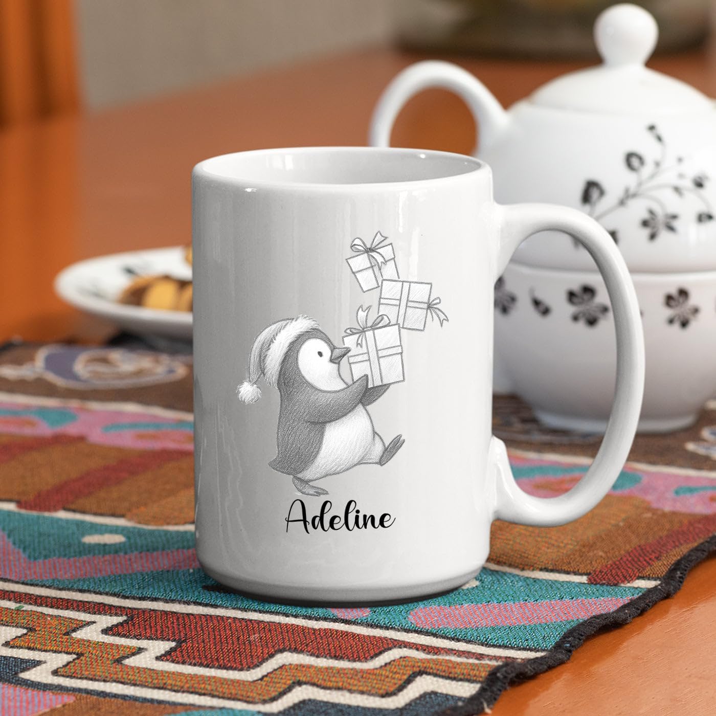 Personalized Penguin Accent Coffee Cup With Name, Cute Penguins Ceramic Mug Gift For Granddaughter Grandson Birthday, Customized Name Penguin White Coffee Mug 11 15 Oz, Novelty Penguins Lover Teacup