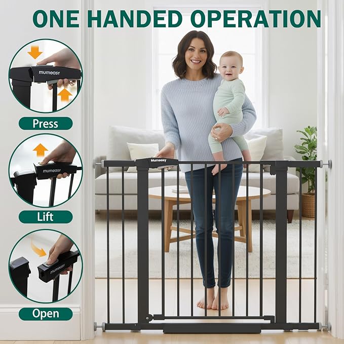 Baby Gate for Stairs, 26-40" Auto Close Dog Gate for Doorways, Pressure Mounted Child Gate with Walk Thru Door, Easy Install Safety Gate for Children and Pets, Black