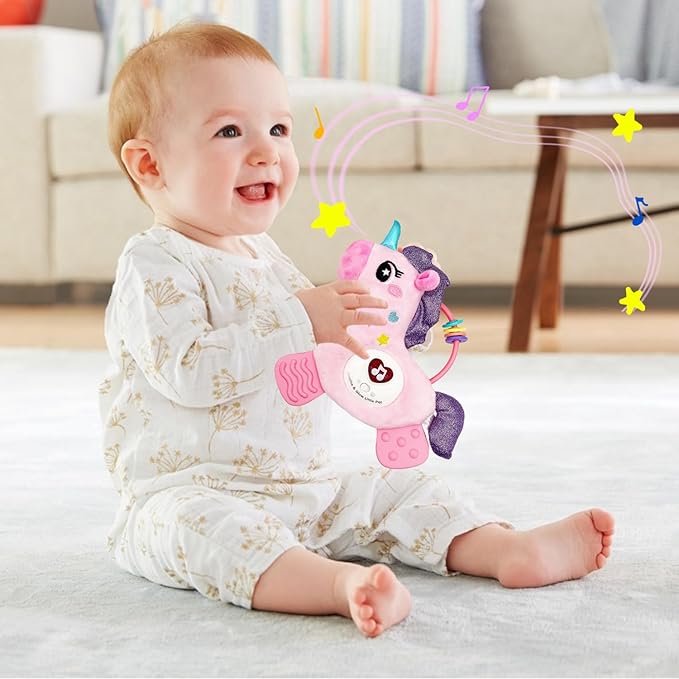 Baby Musical Activity Soft Toys with Sound & Light, Sensory Toys for Infant Developmental with Teether, Rattle and Textures, Soft Plush Toy for Newborn Gift 6 to 12 Months (Pink Unicorn)
