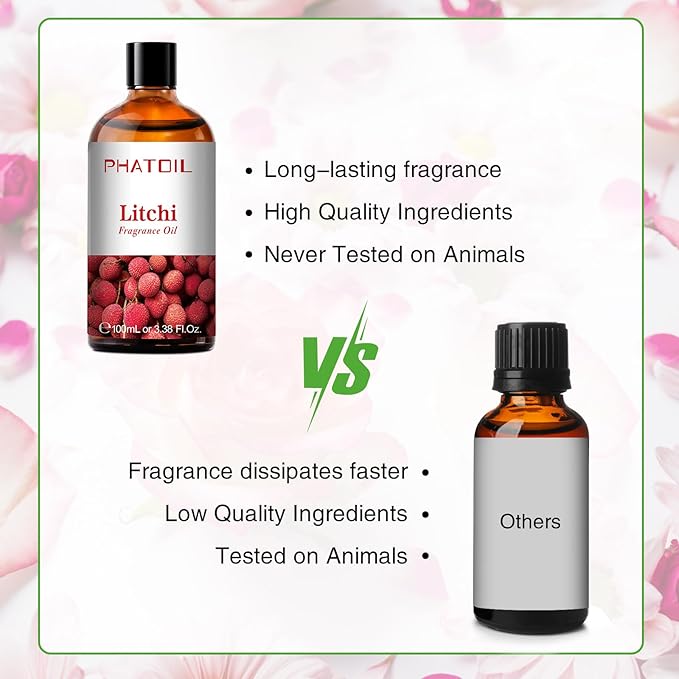 PHATOIL 3.38FL.OZ Litchi Fragrance Oils for Aromatherapy, Essential Oils for Diffusers for Home, Perfect for Diffuser, Yoga, Skin Care, DIY Candle and Soap Making - 100ml
