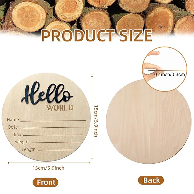 Baby Announcement Sign, 5.9 Inch Wooden Hello World Newborn Signs, Birth Announcement Sign, Baby Shower Hospital Nursery for Newborn Boys and Girls (Black,Pen)