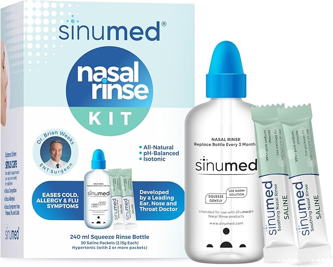 Sinus Rinse Kit, 30PK Nasal Rinse Packets with Saline, Squeeze Bottle, Alternative to Neti Pot, Helps with Allergy, Congestion, Cold Symptoms (30PK, Squeezable Bottle and Saline Only)