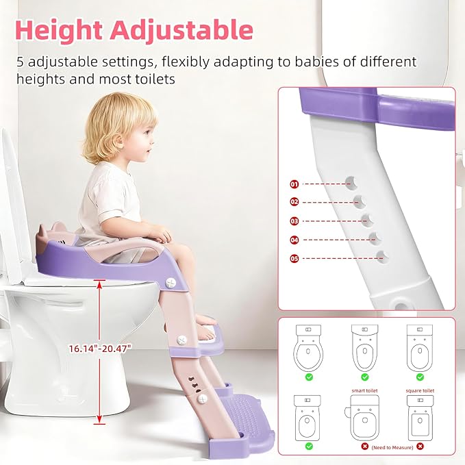 Potty Training Seat, Upgrade Toddler Toilet Seat for Kids Boys Girls, 3 in 1 Potty Training Toilet with Step Stool Ladder-Non Slip Foldable (Purple+Pink)