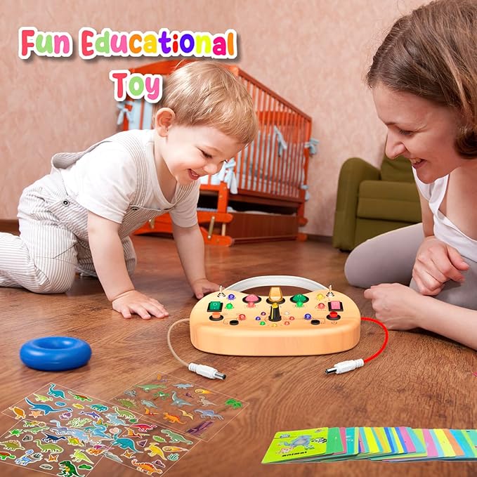 Montessori Busy Board for Baby, Busy Board for Toddlers Toys, Wooden Autism Sensory Toys with Animal Cards, Dinosaur Stickers, Toddler Educational Activity Travel Toys for Boys and Girls 1+