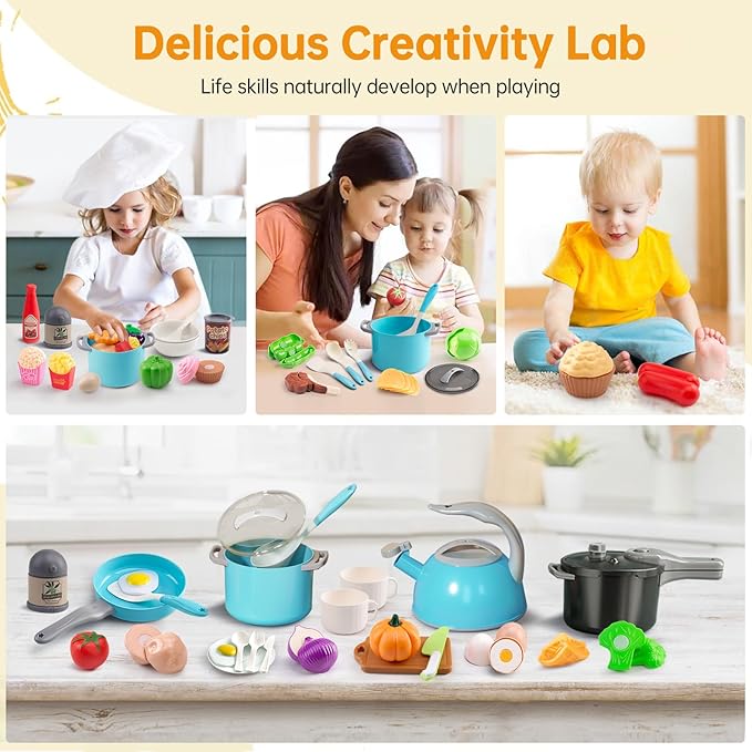 100Pcs Kitchen Playset, Kids Pretend Cooking Play Pots, Pans, Utensils, Cookware, Toy Food Fruits Veggies, with 2 Large Apple - Shaped Storage, Toddler Cooking Learning Gift (Turquoise)