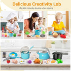 100Pcs Kitchen Playset, Kids Pretend Cooking Play Pots, Pans, Utensils, Cookware, Toy Food Fruits Veggies, with 2 Large Apple - Shaped Storage, Toddler Cooking Learning Gift (Turquoise)