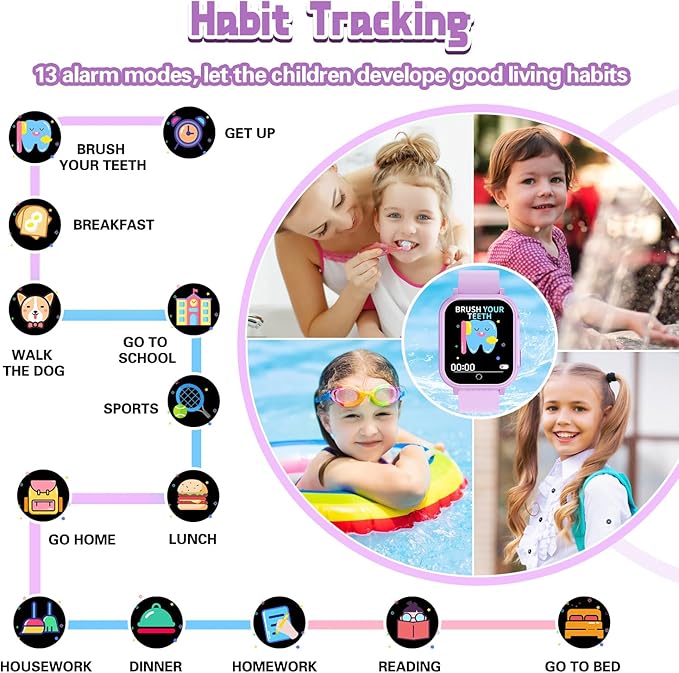 Kids Smart Watch Gift for Girls Ages 3-12, IP67 Waterproof, 32 Puzzle Games, HD Touchscreen Dual Camera Vedio Pedometer Music Player, Kids Watch Toy Birthday Gifts for Girls Ages 5 6 7 8 9 10 (Purple)