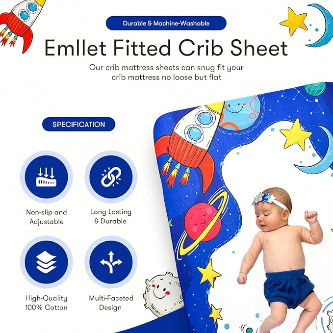 100% Cotton Fitted Crib Sheet – Cosmic Adventure Space Theme, Soft Nursery Bedding for Baby Boy or Girl, Fits Standard Crib Mattress 52x28in