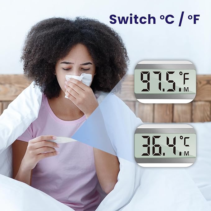 Femometer Thermometer for Adults and Kids, Digital Thermometer with Fever Alert, Memory Recall, C/F Switchable, for Oral, Rectal or Under Arm Use, Grey