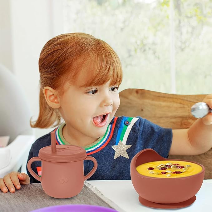 100% Silicone Baby Feeding Set,BPA Free Baby Dishes Set with Suction Bowl Divided Plate,Toddler Self Feeding Dish Set with Spoons Forks Sippy Cup and Bib, Baby Eating Utensils(Carrot)