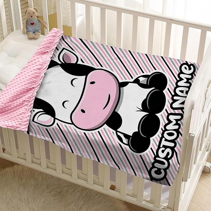 Personalized Baby Blankets for Girls, Custom Name Pink Cow Pattern Baby Blanket, Soft Minky Dot Blanket for Newborns and Toddlers, Ideal for Baby Showers Christmas Brithday Gifts