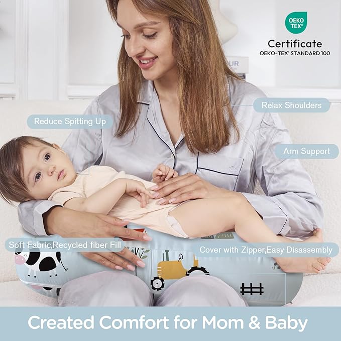 Little Grape Land New Nursing Pillow for Breastfeeding, Larger Breast Feeding Pillow and Positioner with Removable Cover for More Support, Tummy Time and Bottle Feeding Support Pillow, Blue Ranch