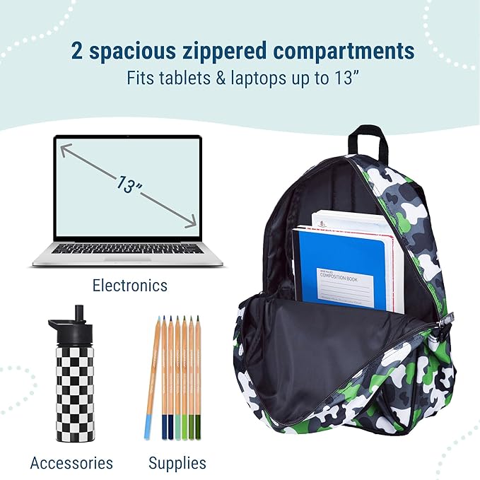 Wildkin 15-inch Kids Backpack – Durable, Padded, Adjustable for School & Travel - Green Camo