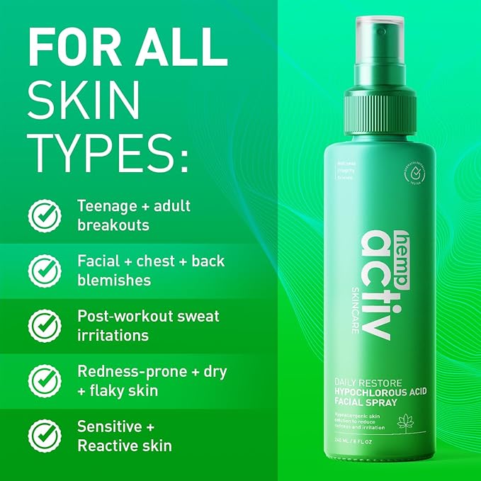 Hypochlorous Acid Spray for Face & Skin – Post-Workout Gentle HOCL Facial Cleanser for All Skin Types – After Workout Face Spray, Body Mist – Hydrating, Soothing & Calming Skincare – 8 Fl Oz