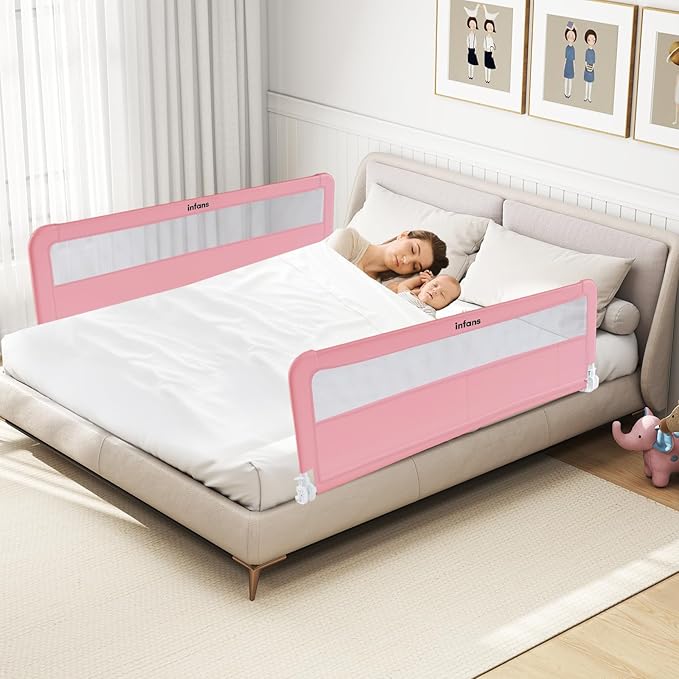 INFANS Bed Rail for Toddlers, 59" Foldable Safety Baby Crib Rail Fit for Kids Twin, Extra Long Swing Down Bed Guardrail for Convertible Crib, Queen, Full, King Mattress Side Guard (Pink)