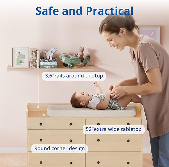 Cozy Castle Baby Dresser with 6 Drawers and Large Table Top, Multi-Functional Chest of Drawer, Drawer Dresser with Three-Sided High Rails for Nursery, Children's Room, Bedroom, Oak