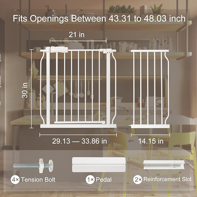 Baby Gate for Stairs No Drill 43.31-48.03 Inch,Pressure Mounted Metal Child Safety Dog Gates for Doorways,Walk Through Pet Gate Indoor Auto Close,White