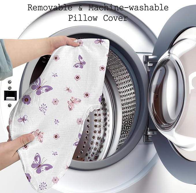 Little Grape Land Nursing Pillow, Soft 100% Cotton Breastfeeding Pillow with Breathable Muslin Removable Cover, Purple Butterfly Breast Feeding Pillows for Babies 0-12 Months with Protective Zipper